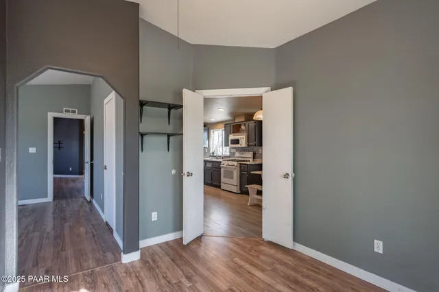 a view of dining room with wooden floor