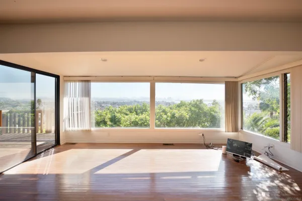a living room with a large window