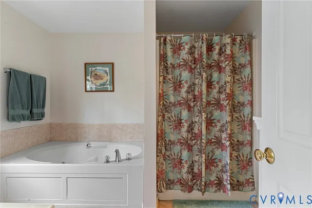 a bathroom with a bathtub and shower