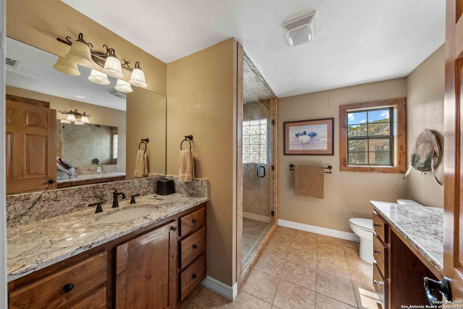 171 Flach Road Comfort, TX 78013 - Photo 38 of 91 a spacious bathroom with a granite countertop sink a mirror and a shower