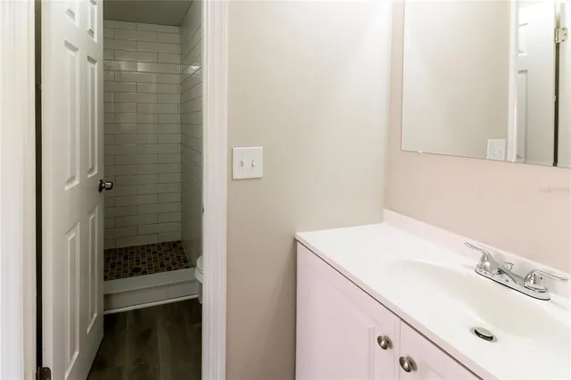 a bathroom with a sink and a mirror