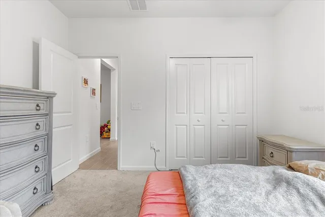 a bedroom with a bed and a closet