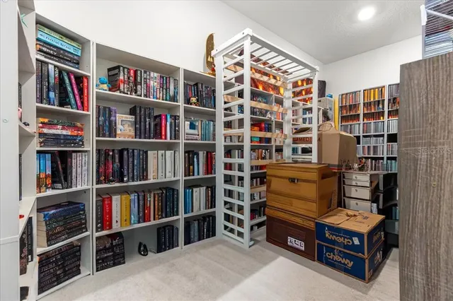 a living room with furniture and a book shelf