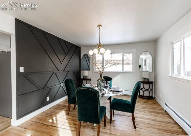a view of a dining room with furniture and window