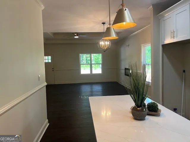 a view of a hallway with a potted plant