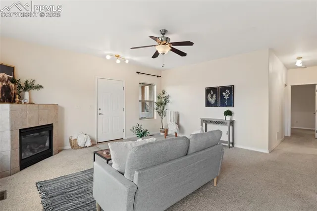 a living room with furniture and a fireplace