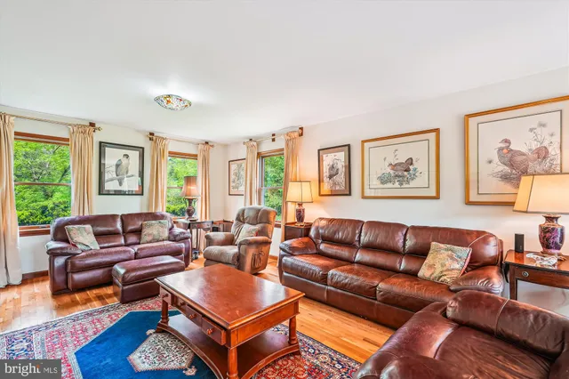 a living room with furniture a rug and a large window