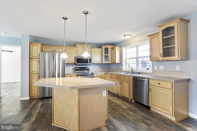 a kitchen with stainless steel appliances granite countertop a sink a stove a refrigerator cabinets and wooden floor