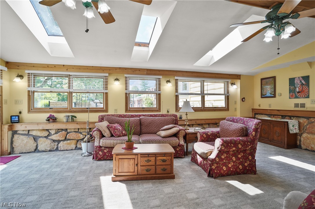 4205 Ellsworth Road Stow, OH 44224 - Photo 22 of 35 Carpeted living room with vaulted ceiling with skylight and ceiling fan