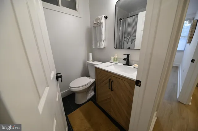 a bathroom with a sink a toilet a mirror and shower curtain
