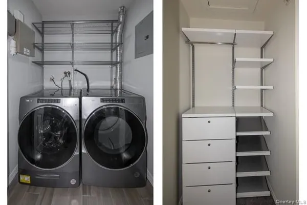 a close view of a utility room with dryer and washer