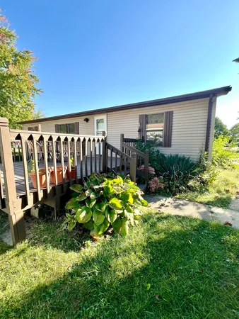 a garden view with a seating space