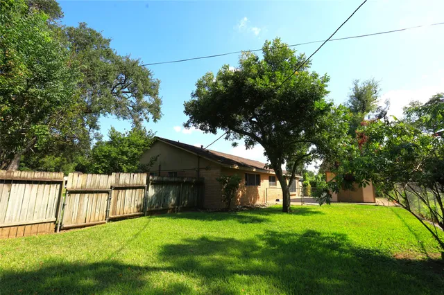 a backyard of a house with plants and large trees