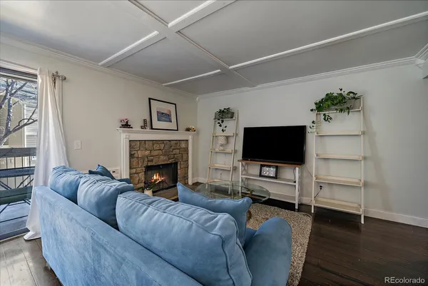 a living room with furniture a flat screen tv and a fireplace