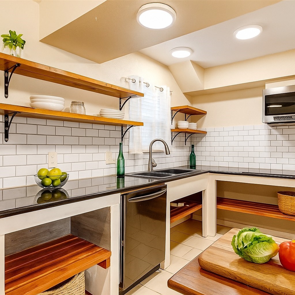 kitchen, subway tile backsplash, natural light. open concept.