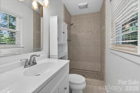 a bathroom with a sink toilet a mirror and shower
