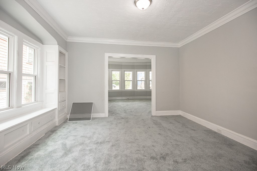 1000 Eddy Road Cleveland, OH 44108 - Photo 9 of 38 Empty room with crown molding, light colored carpet, and a textured ceiling