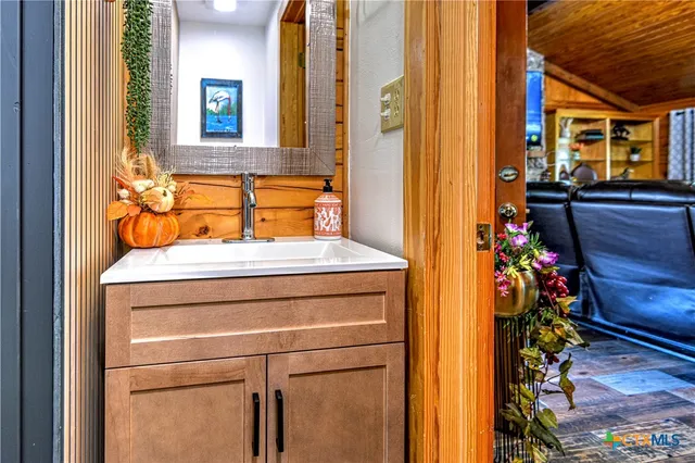a bathroom with a sink and a mirror