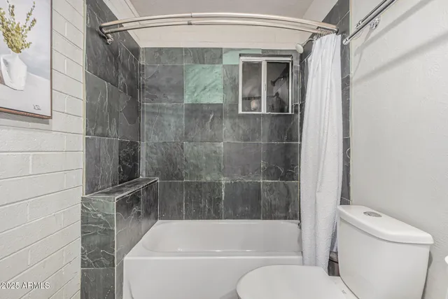 a bathroom with a shower and toilet