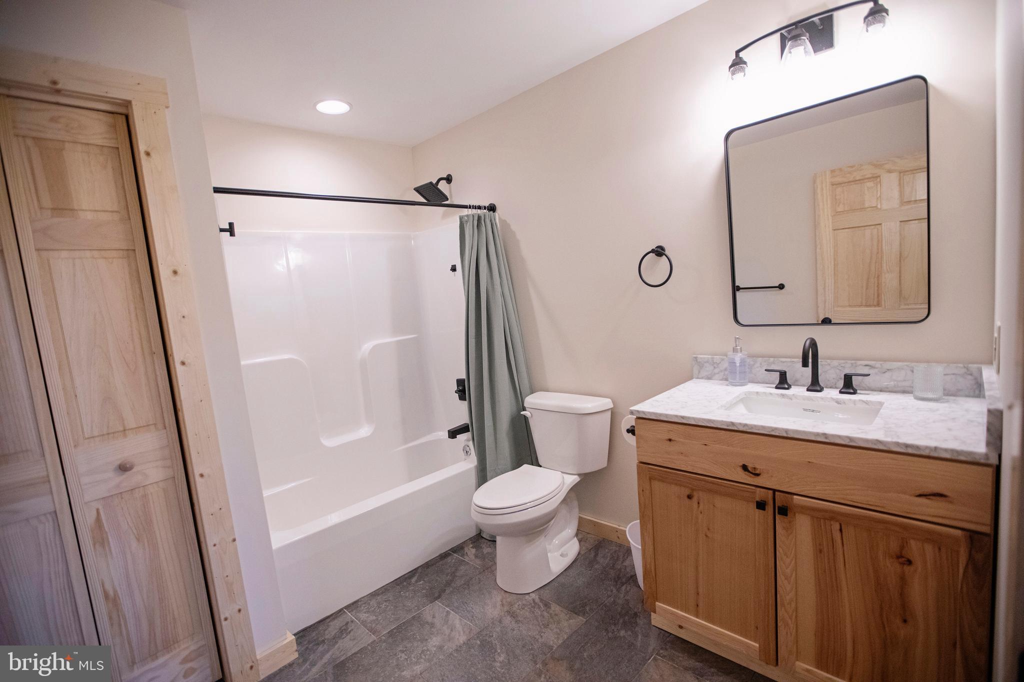 635 Biltmore Rdg Trail McHenry, MD 21541 - Photo 47 of 64 a bathroom with a granite countertop sink toilet and shower a mirror