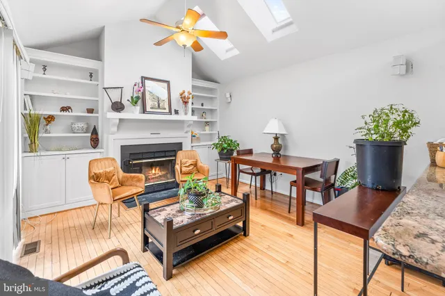 a living room with furniture a fireplace and a potted plant