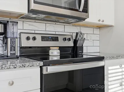 a close view of stove and microwave