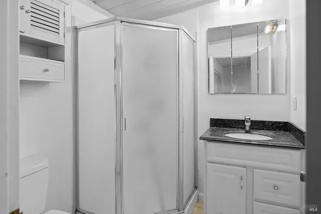 a bathroom with a granite countertop sink a mirror and shower