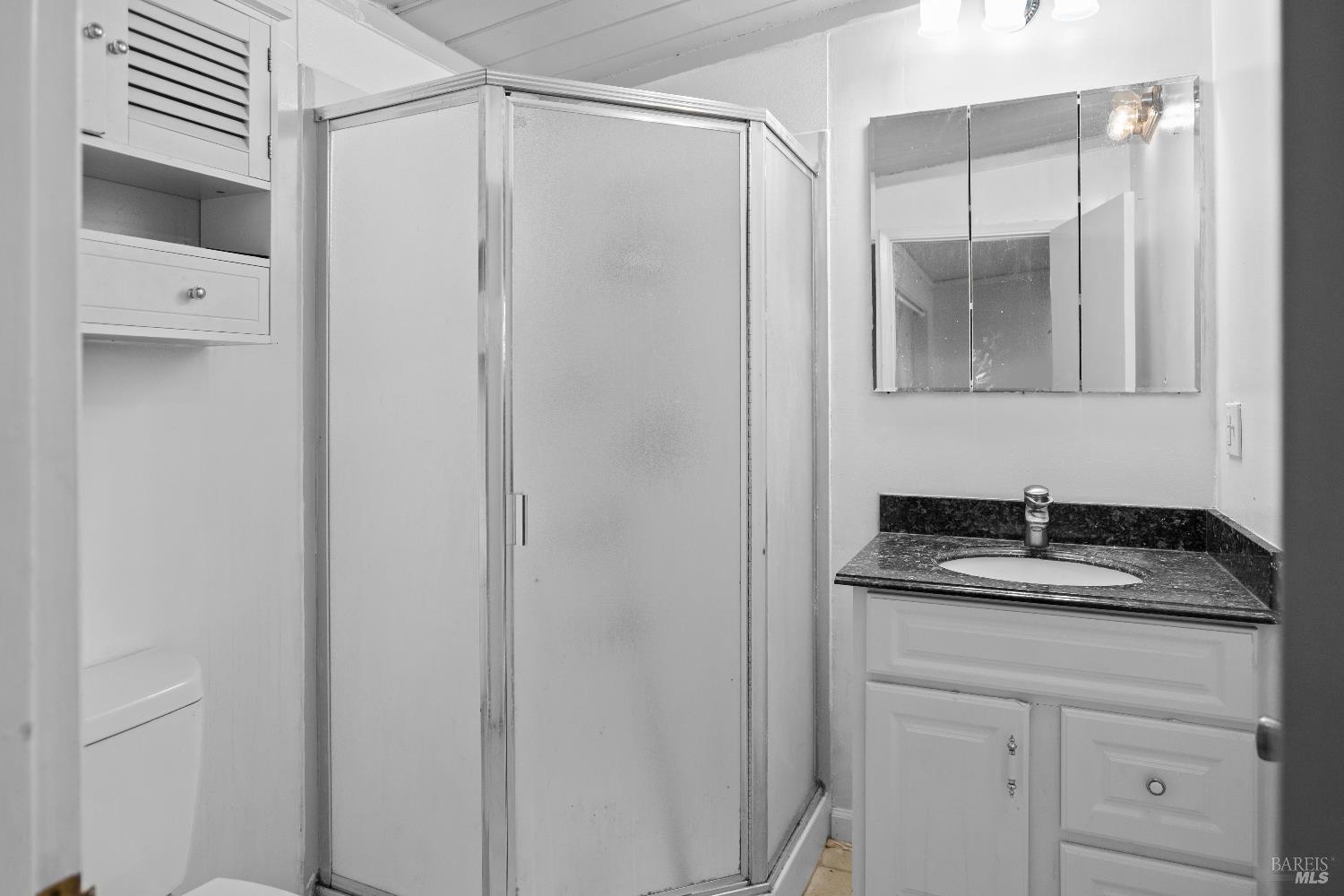 1219 Janet Way Santa Rosa, CA 95405 - Photo 9 of 22 a bathroom with a granite countertop sink a mirror and shower