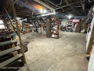a view of a garage with storage