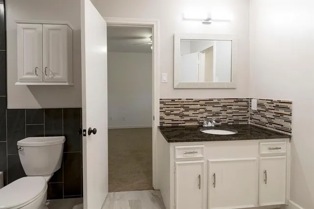 a bathroom with a sink a toilet and a mirror