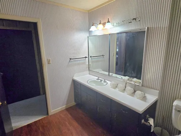 a bathroom with a sink and a mirror