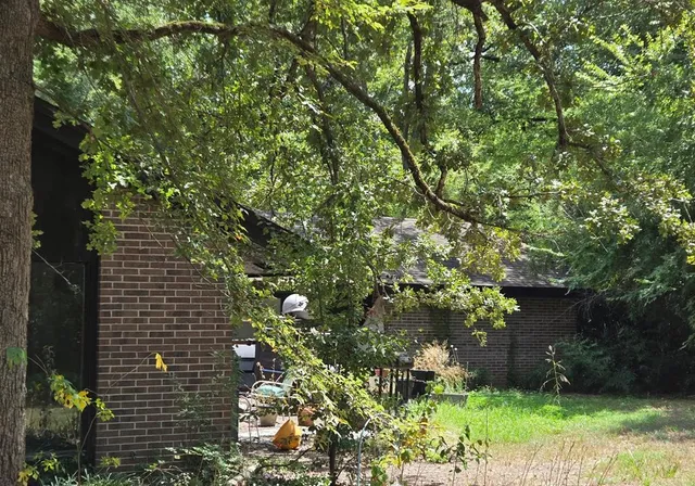a backyard of a house with lots of green space and garden