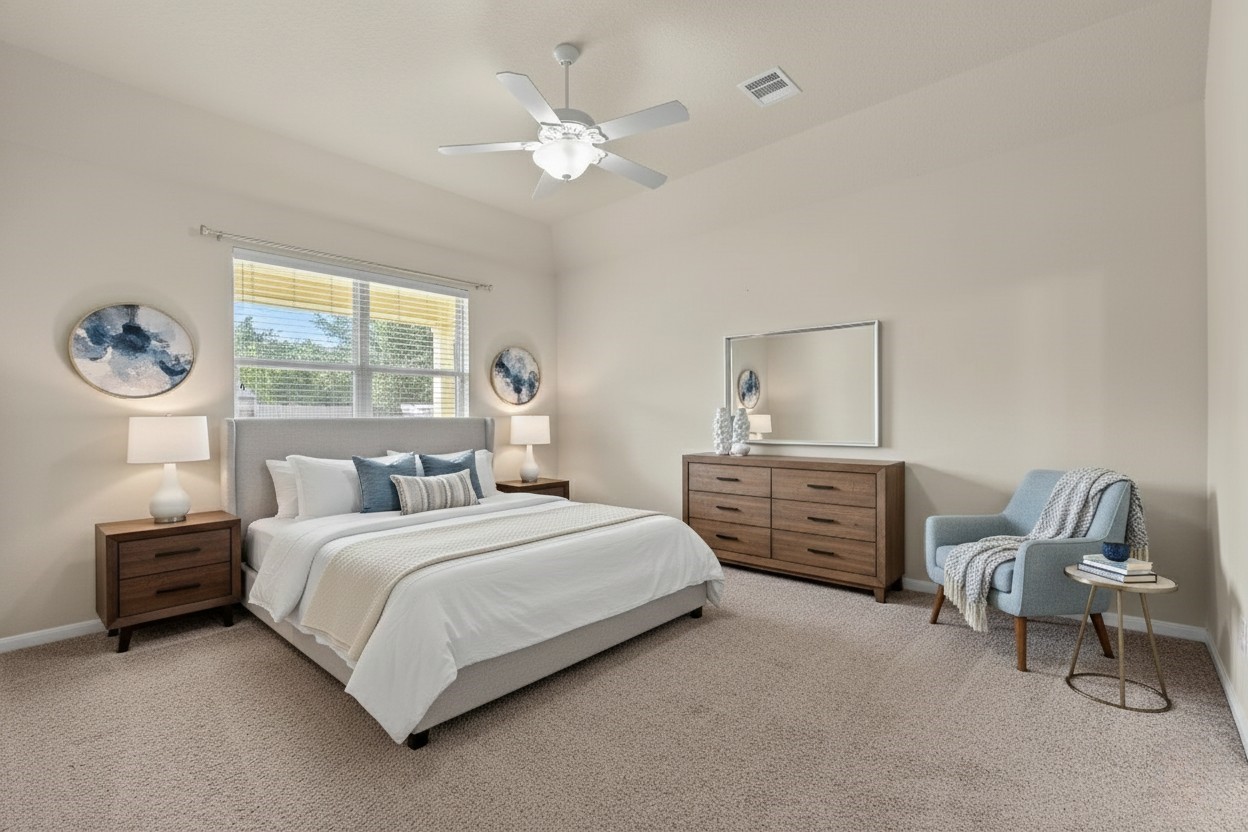 39 Butternut Grove Place Tomball, TX 77375 - Photo 20 of 35 a bedroom with a bed and a chandelier