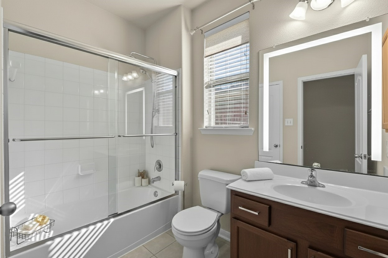 39 Butternut Grove Place Tomball, TX 77375 - Photo 28 of 35 a bathroom with a granite countertop sink toilet a mirror and shower