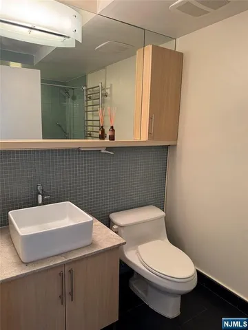 a bathroom with a sink a toilet and mirror