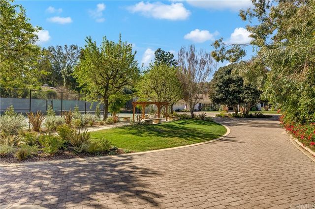 a view of a park with large trees