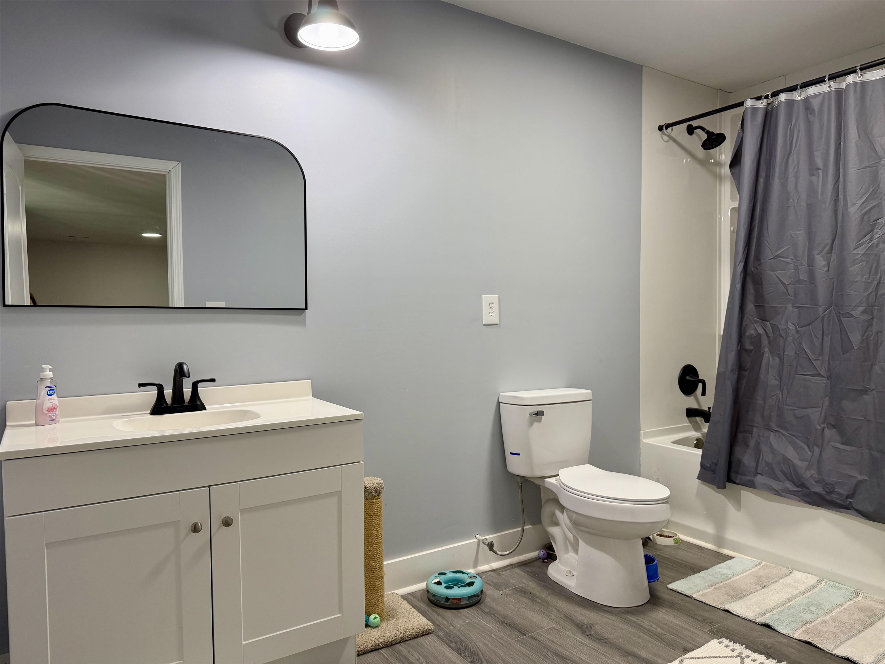 3670 Peavine Road Middleton, TN 38052 - Photo 28 of 36 Bathroom featuring a white vanity with integrated sink, black-framed mirror, matte black faucet, and wood-finish flooring