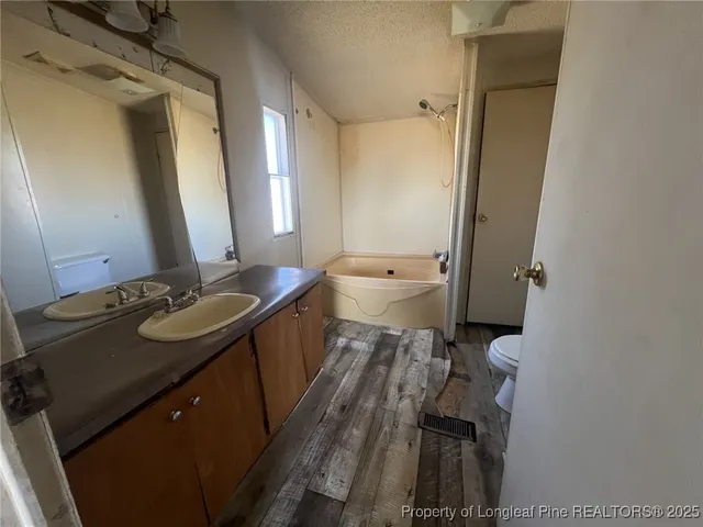 a bathroom with a sink and mirror with toilet