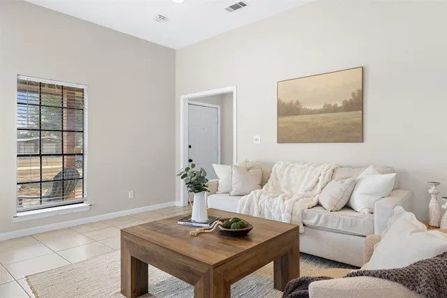a living room with furniture and a potted plant