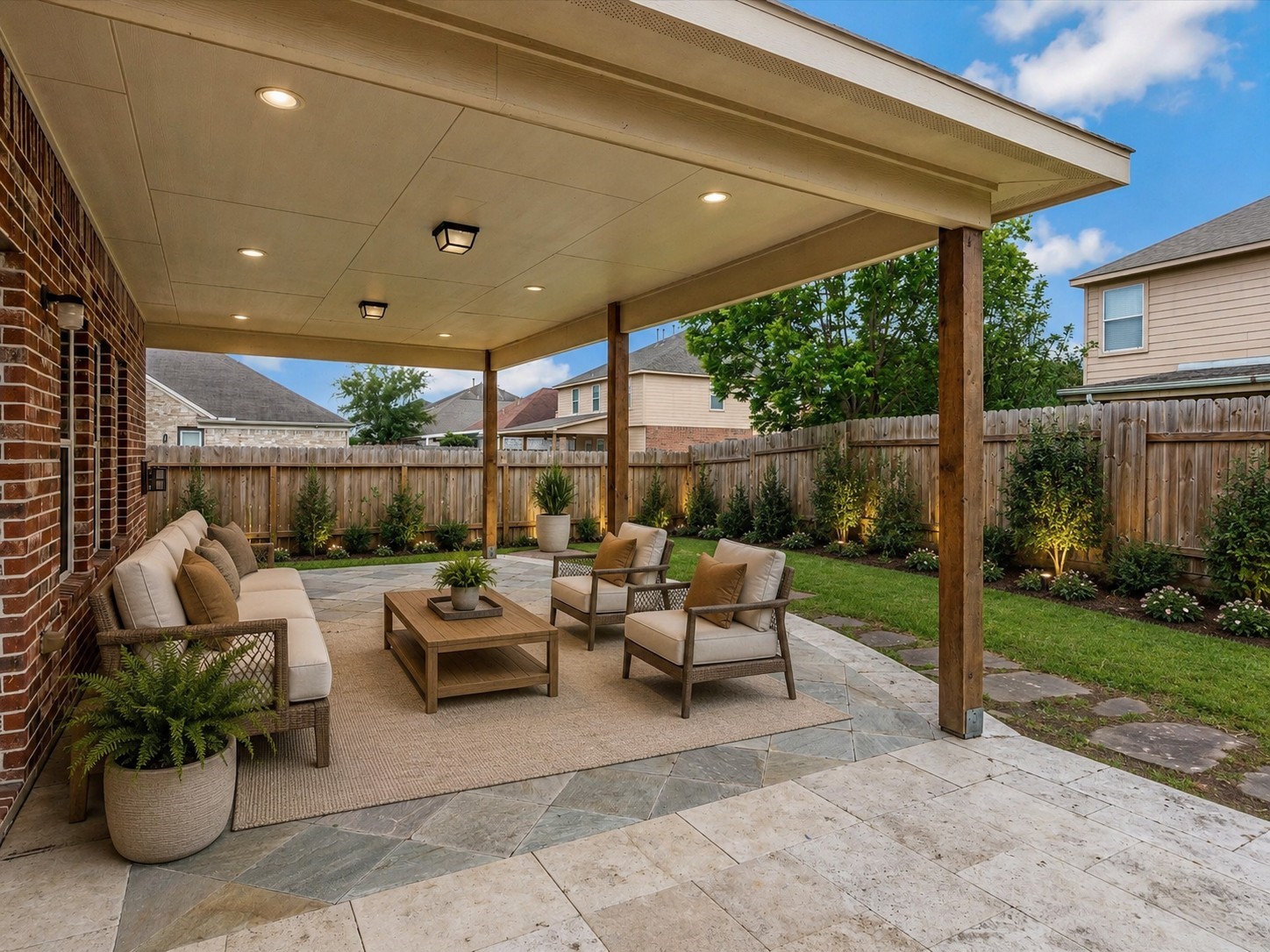 19422 Harvest Stream Way Houston, TX 77084 - Photo 33 of 41 Experience serene outdoor living with this covered back patio, perfectly overlooking a fully fenced backyard. AI-staged to help visualize the space.