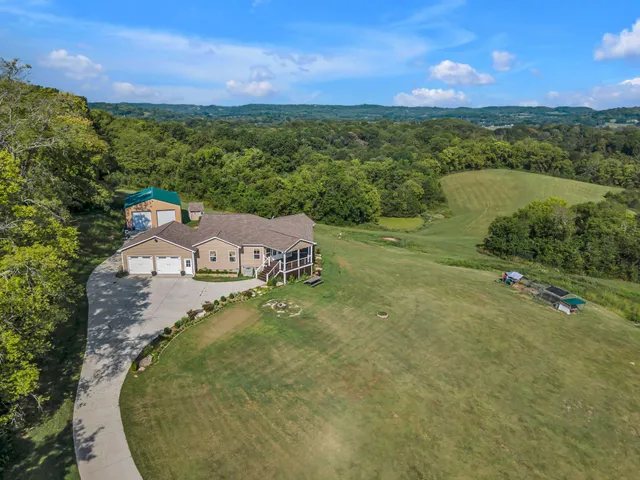 an aerial view of residential houses with outdoor space and trees
