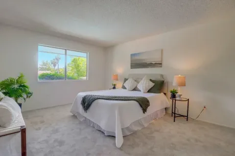 a bedroom with bed and a window