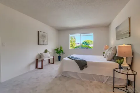 a bedroom with a bed and a window