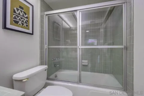 a bathroom with a shower and toilet