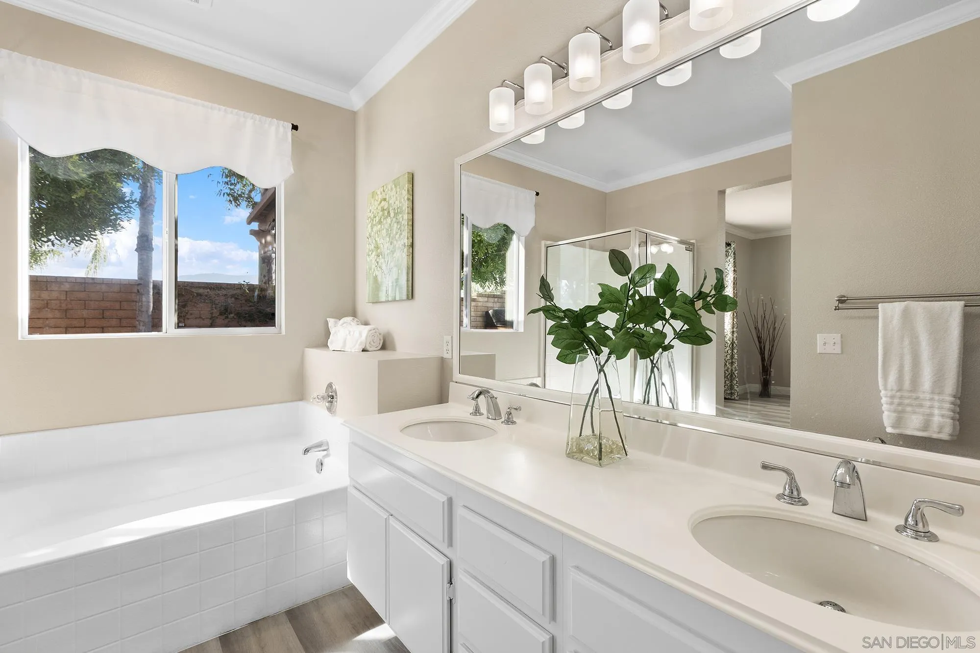 33451 Victoria Court Temecula, CA 92592 - Photo 23 of 38 a bathroom with a tub a double vanity sink and a large mirror