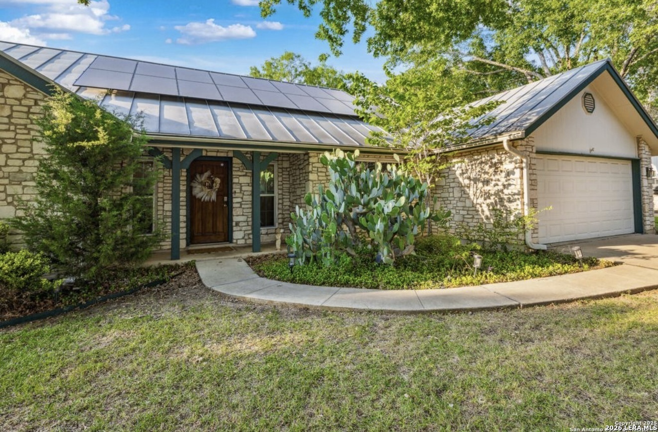 a view of a house with a small yard plants and large tree