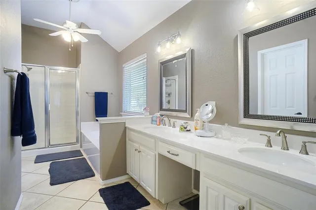 a bathroom with a sink a large mirror and a shower