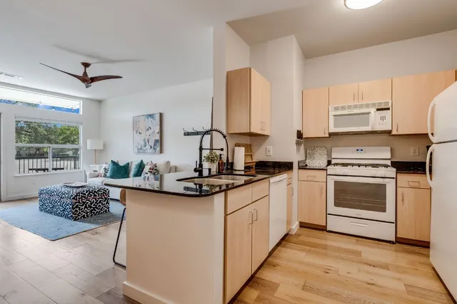 a kitchen with appliances a sink and cabinets