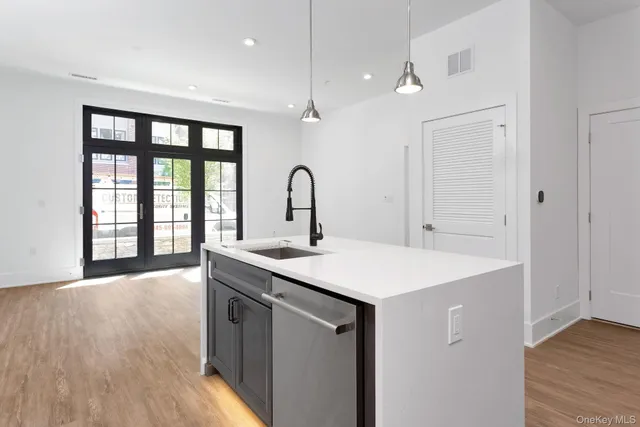 a view of a sink and dishwasher with wooden floor