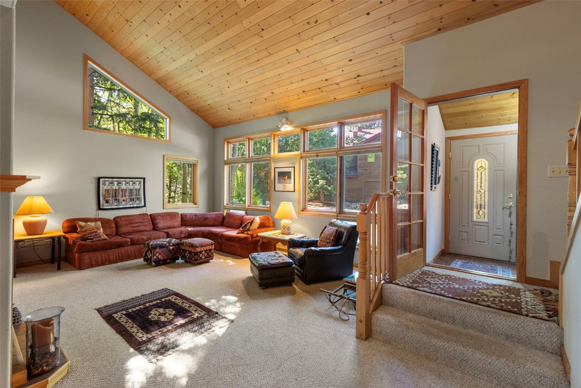 91 Riverside Place Frisco, CO 80443 - Photo 15 of 43 Carpeted living area with high vaulted ceiling and wood ceiling